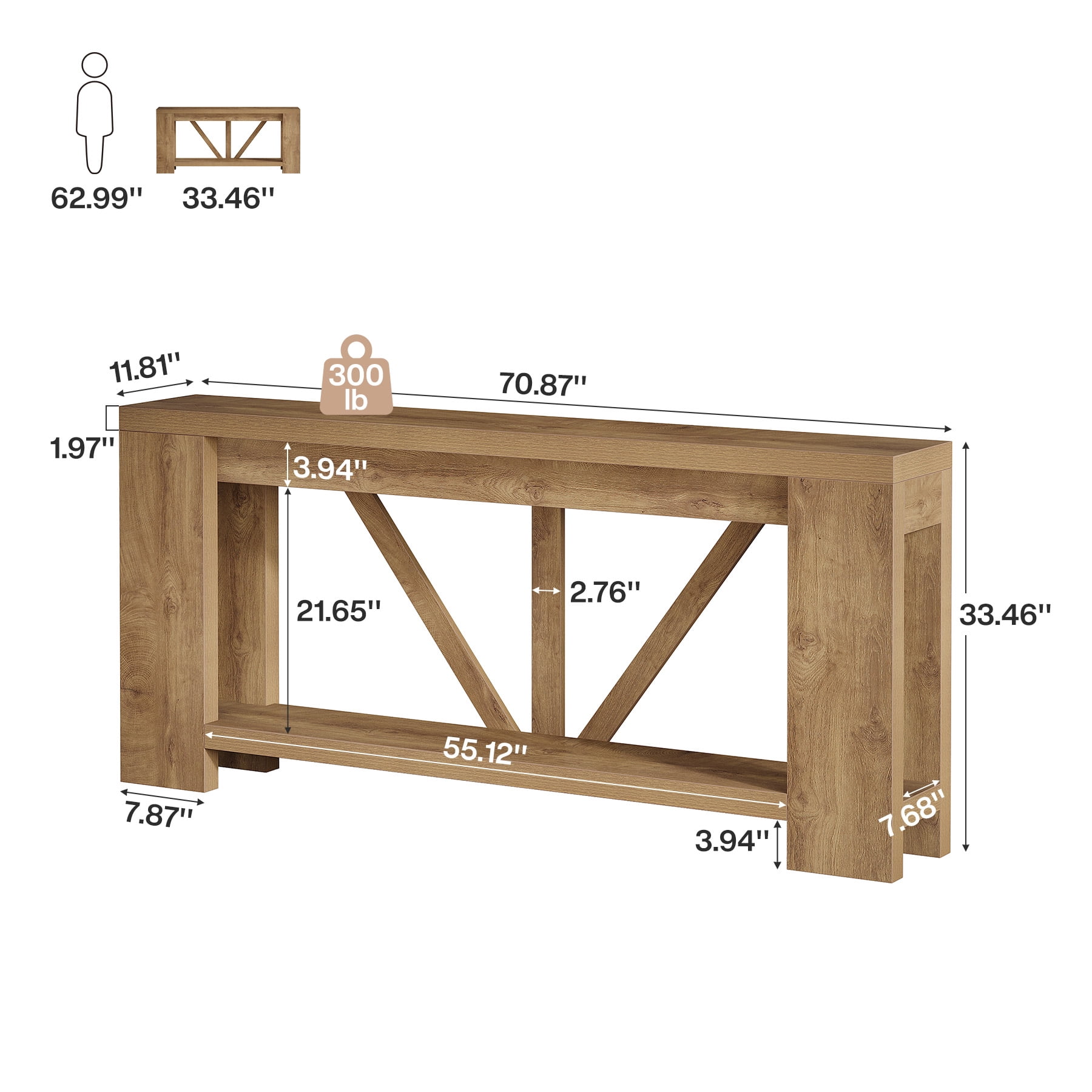 Fnova 70.9" Console Table, 2-Tier Farmhouse Entryway Table, Narrow Long Wood Sofa Table Behind Couch with V-Shaped Support for Living Room, Hallway, Foyer