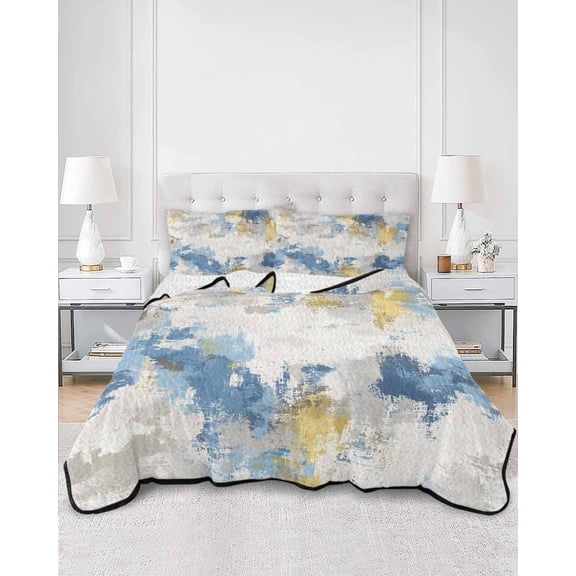 Quilts Twin XL Size, Blue Yellow Beige Soft Comforter Bedding Set for Bed, Retro Abstract Modern Art Painting Lightweight Quilted Bedspread with Pillow Cover(2 Pieces) for All Season, 68x98 Inch