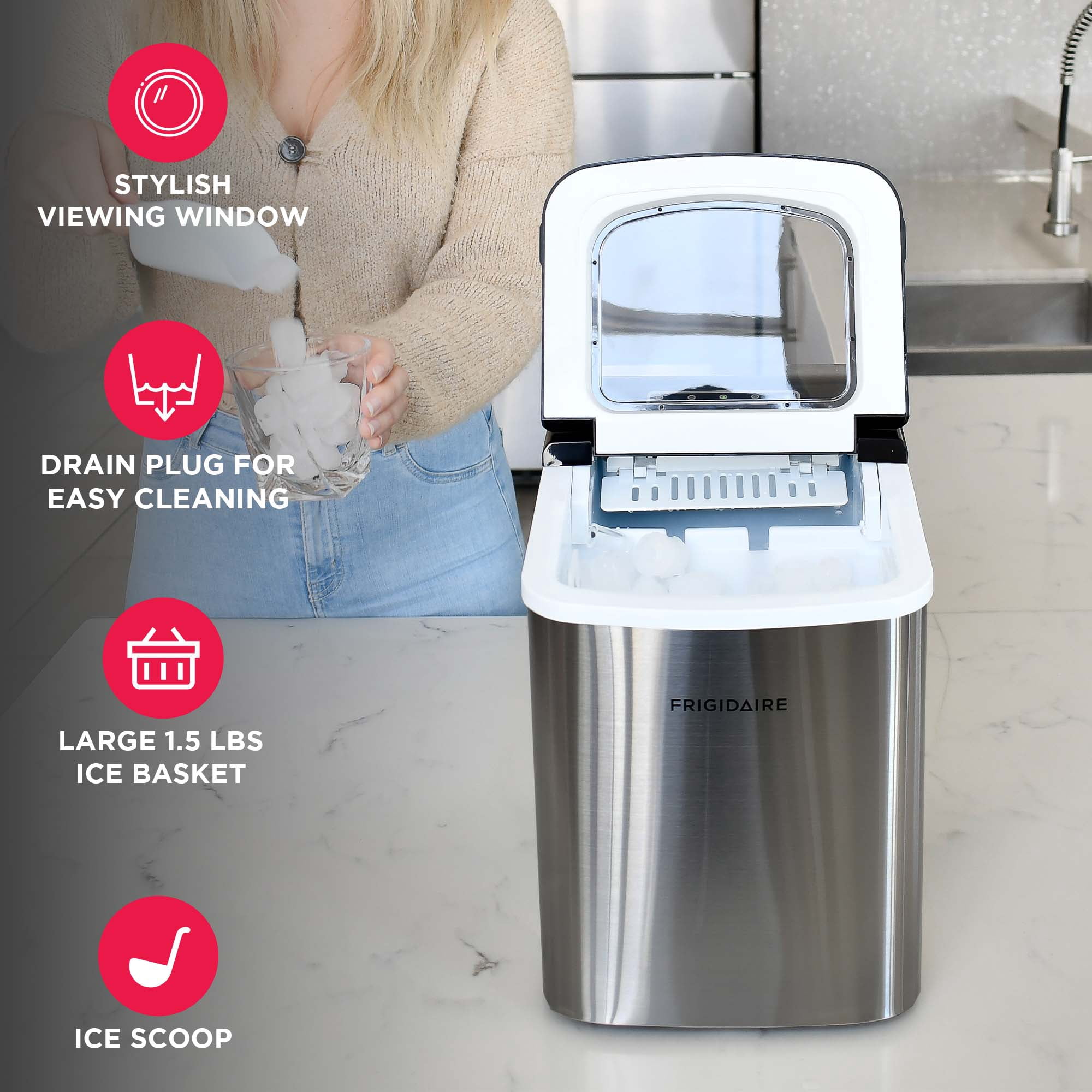 Frigidaire 26 lbs. Bullet Ice Maker, Countertop Portable Ice Machine with Digital Controls, Stainless Steel