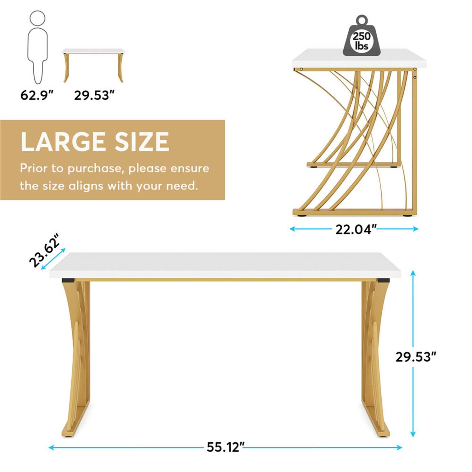 Demi Bonn 55" Executive Computer Desk with Gold Metal Legs, Modern Study Writing Gaming Table for Home Office, White
