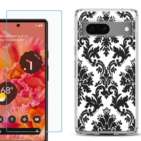 Slim-Fit Gel TPU Phone Case for Google Pixel 7, with Tempered Glass Screen Protector, by OneToughShield ® - Victorian White/Black