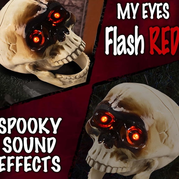 Halloween Decoration Indoor Outdoor Clearance, Halloween Movable Jaw Skull Decor With Flashing Red LED Eyes Spooky Effects Scary Light Up Skeleton Skull Prop For Party Yard House Decorations
