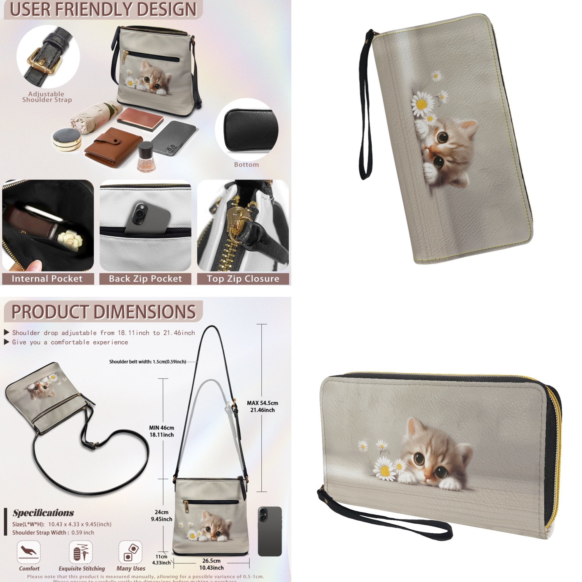 ZUXONGSY Cat Daisy Flower Print PU Leather Crossbody Hobo Bag & Wallet Set for Women, Spacious Satchel with Adjustable Strap for Work & Travel