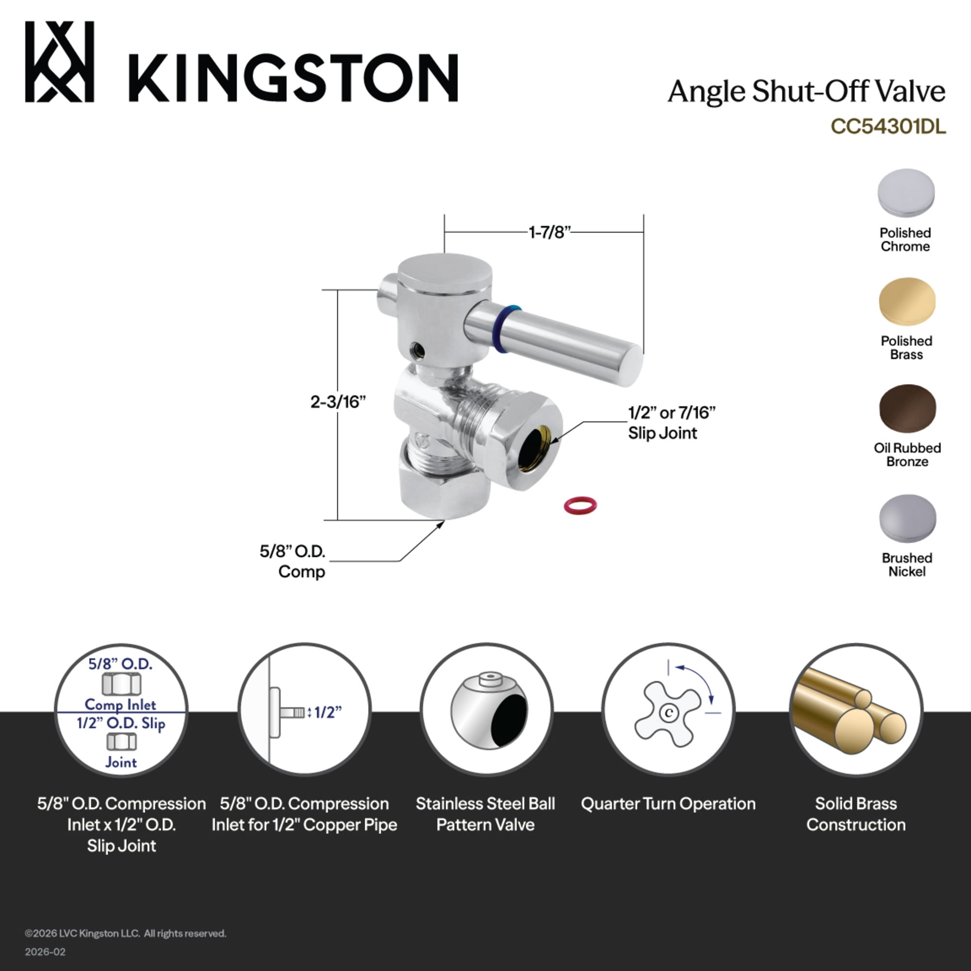 Kingston Brass CC54302DL 5/8-Inch O.D. Comp x 1/2-Inch or 7/16-Inch Slip Joint Quarter-Turn Angle Shut-Off Valve in Polished Brass