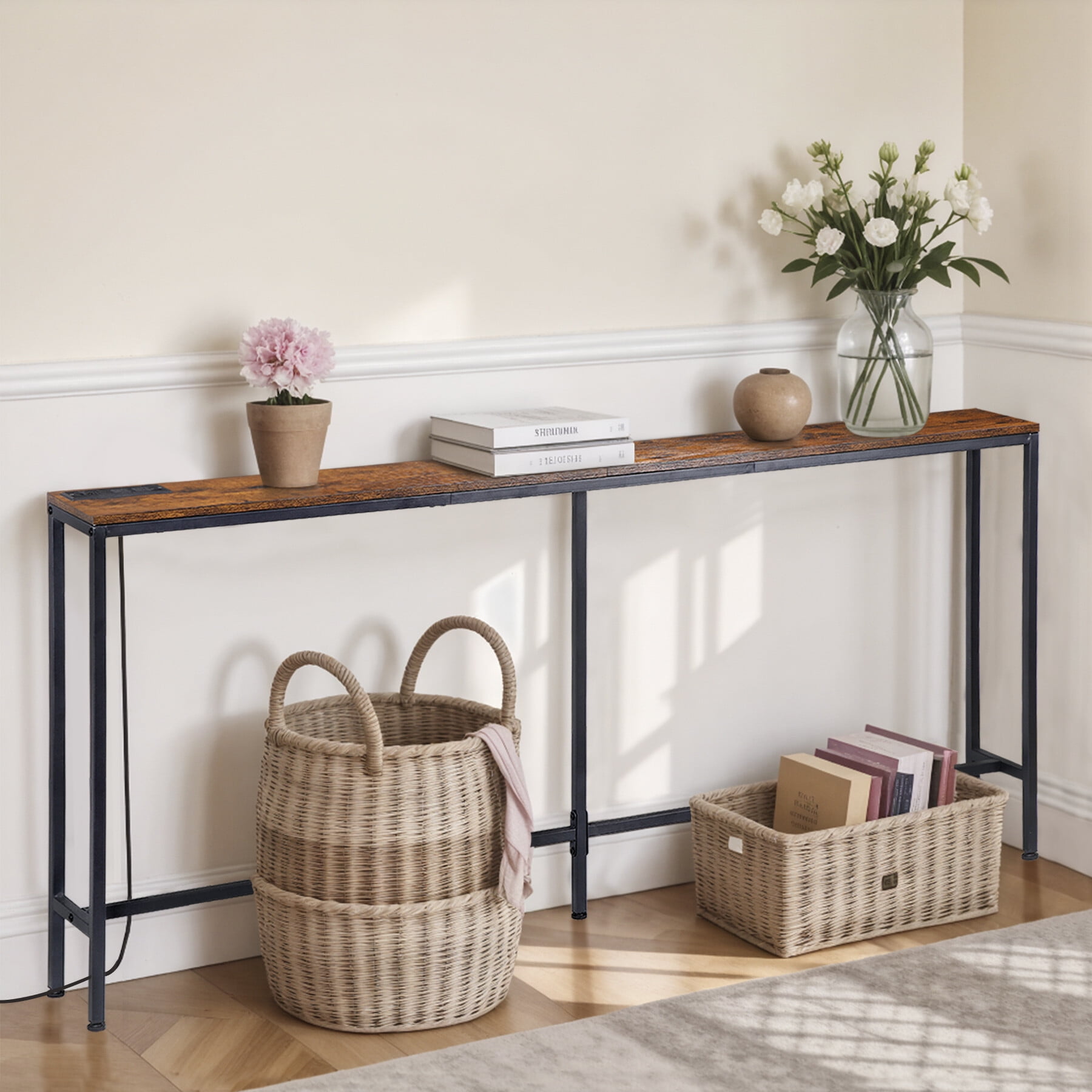 HomGarden 71-in Entryway Console Table W/Charging Station Narrow Sofa Side Table Power Outlet Rustic Brown