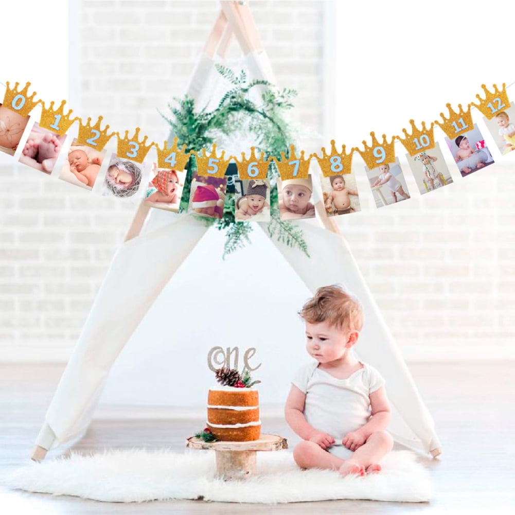 Birthday Party Photo Props 12 Months Crown with Clip and Ribbon Banner 