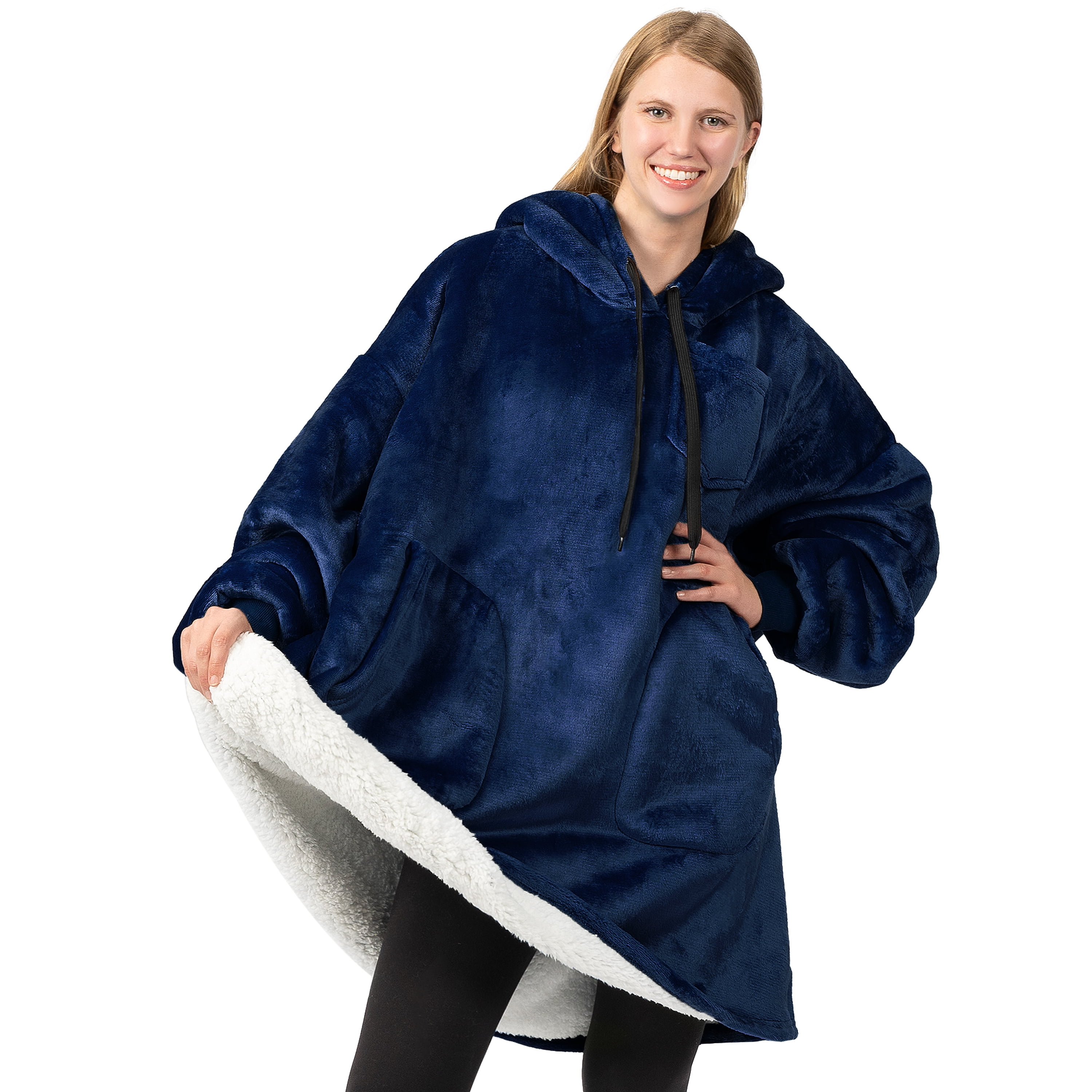 PAVILIA Blanket Hoodie for Women Navy, Sherpa Wearable Blanket Men, Cozy Oversized Sweatshirt Blanket, Warm Fleece Hooded Blanket Sweater with Sleeves and Two Big Pocket, Navy Blue