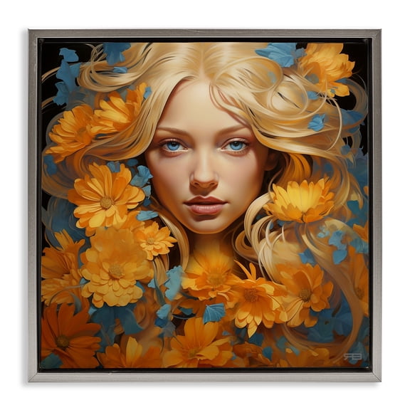 Stupell Industries Art Deco Girl with Cascading Flowers Gray Floating Frame Canvas Art, 18 x 18, by RB