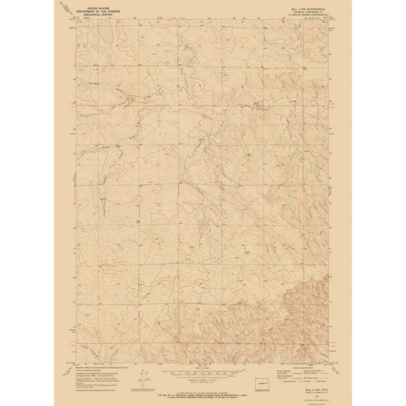 Topographical Map - Bill Wyoming North West Quad - USGS 1970 - 23 x 31.33 - Vintage Wall Art