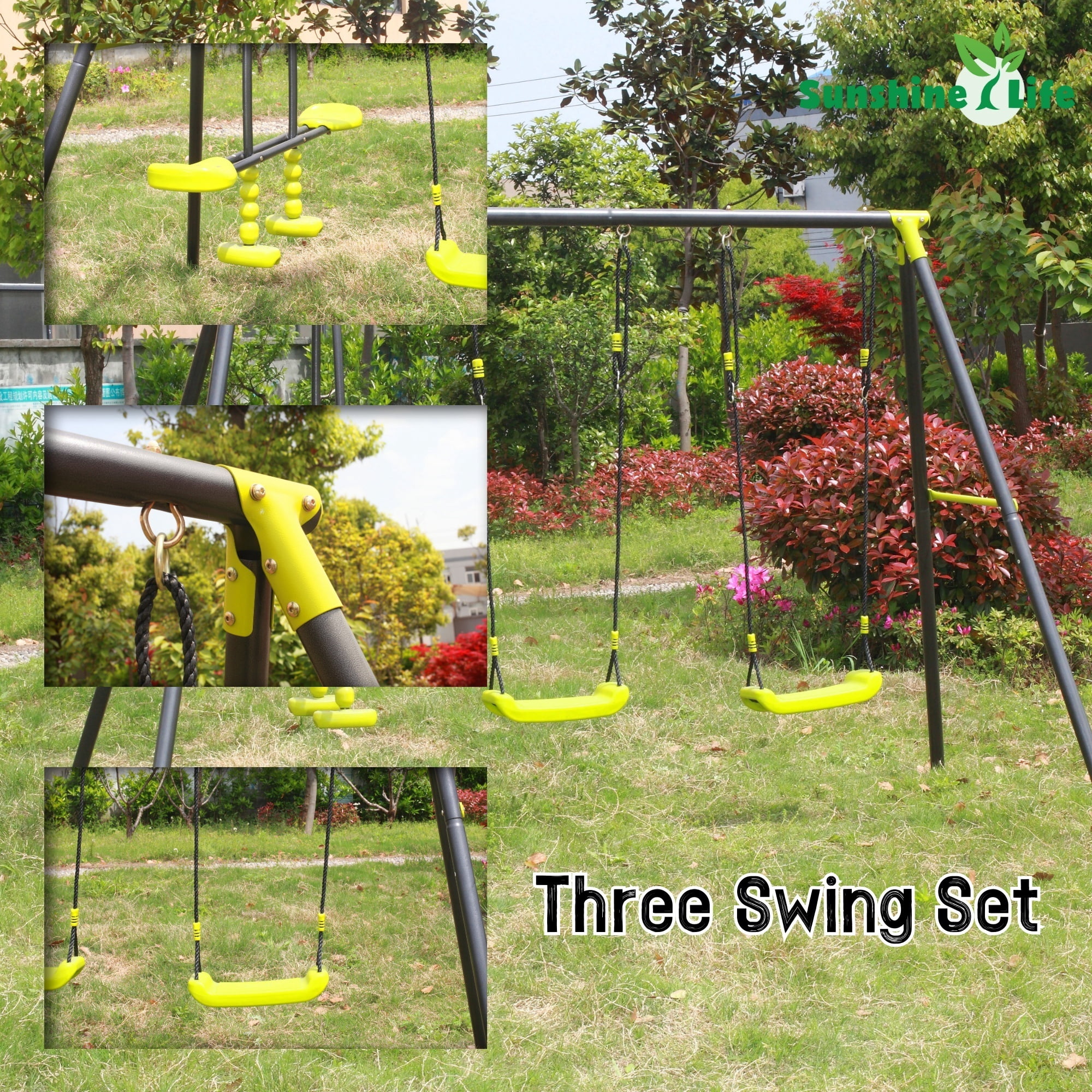 Alvantor Three Seat Swing Set with Face-to-Face Swing and Two Seats for Kids Indoor Outdoor Backyard Playground Easy Assembly Green