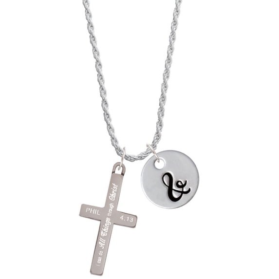 Delight Jewelry Stainless Steel Philippians 4:13 - I Can Do All Things Engraved Cross - Silvertone Script Initial Disc - & - Charm Necklace, 20"+3"