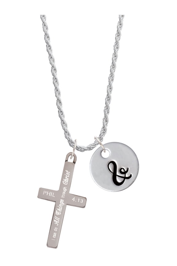 Stainless Steel Philippians 4:13 - I Can Do All Things Engraved Cross - Silvertone Script Initial Disc - & - Charm Necklace, 20"+3"