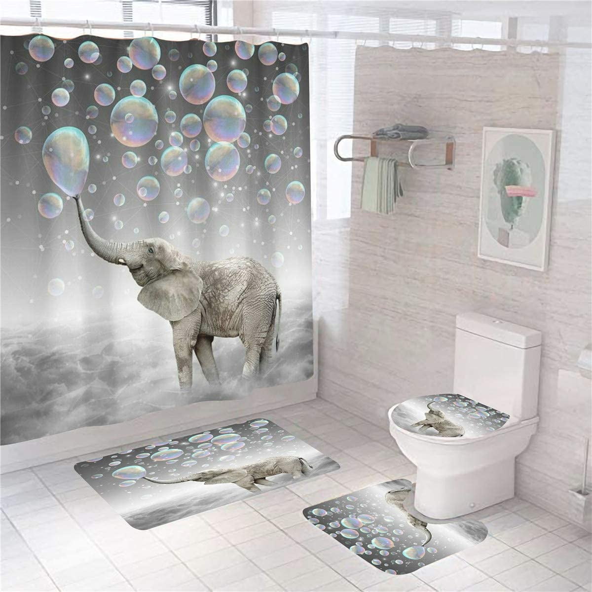 Funny Animal Shower Curtain Sets with Rugs Elephant Shower Curtains for