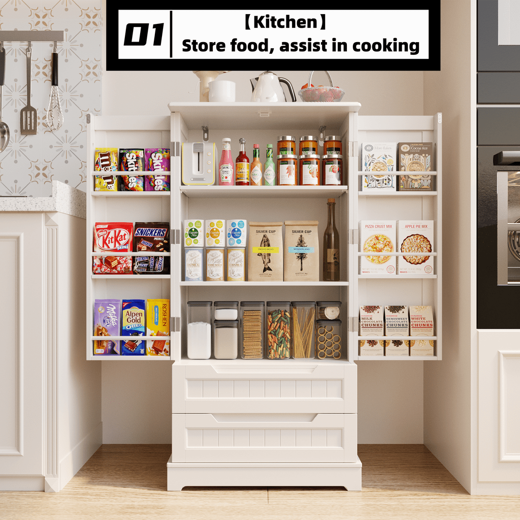 Aiho 47" H Kitchen Pantry Cabinet with 2 Doors and 2 Drawers, Solid & Sturdy, Storage Cabinet for Entryway, Kitchen - White