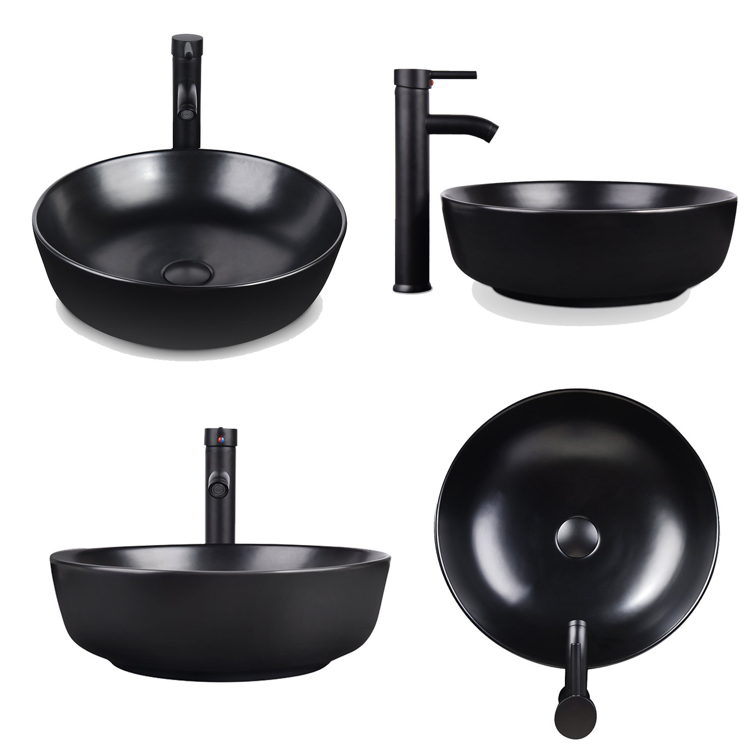 FULLWATT Black Ceramic Bathroom Sink, Above Counter Porcelain Vessel Sink with Black Faucet and Pop up drain Combo, Round