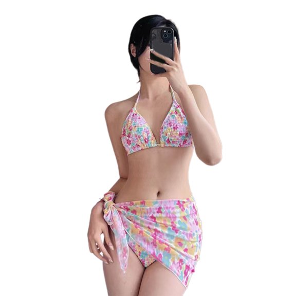 Jesscasday Women Flower Print Swimsuits Ladies Bathing Suit 3 Pieces Split Swimwear Stylish Swimming Costume Set for Beachwear