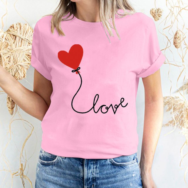 Meichang Hauts pour Femmes T-Shirts de la Saint-Valentin T-Shirts de Fête à Col Rond T-Shirts à Imprimé Cœur d'Amour T-Shirts à Manches Courtes Jolis Tees Blouses en Liquidation