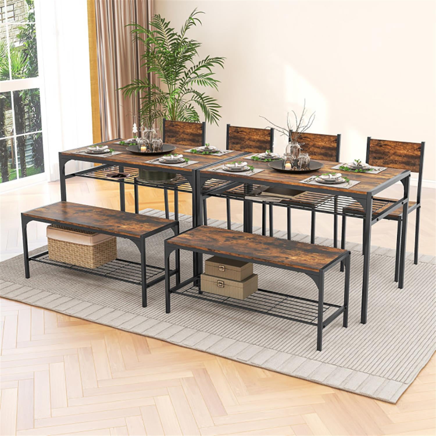 Demi Bonn 4-Piece Dining Table Set with Bench and 2 Chairs, 43"dustrial Kitchen Table with Metal Frame and Storage Rack, Perfect for Small Space, Brown