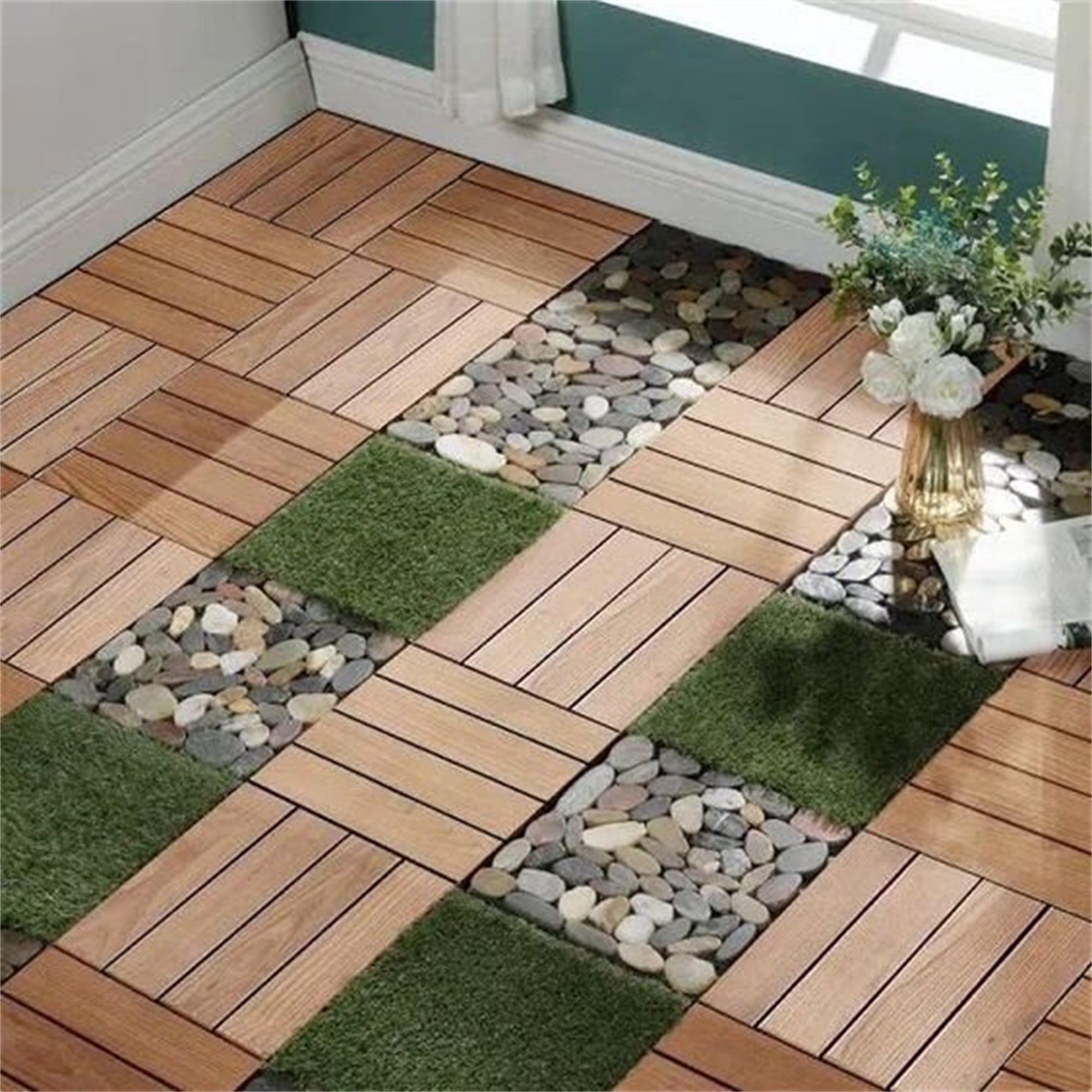 Miniyam 22 Pcs Interlocking Deck Tiles, 12" x 12", Wood-Plastic, for Outdoor Balcony Garden, Oak