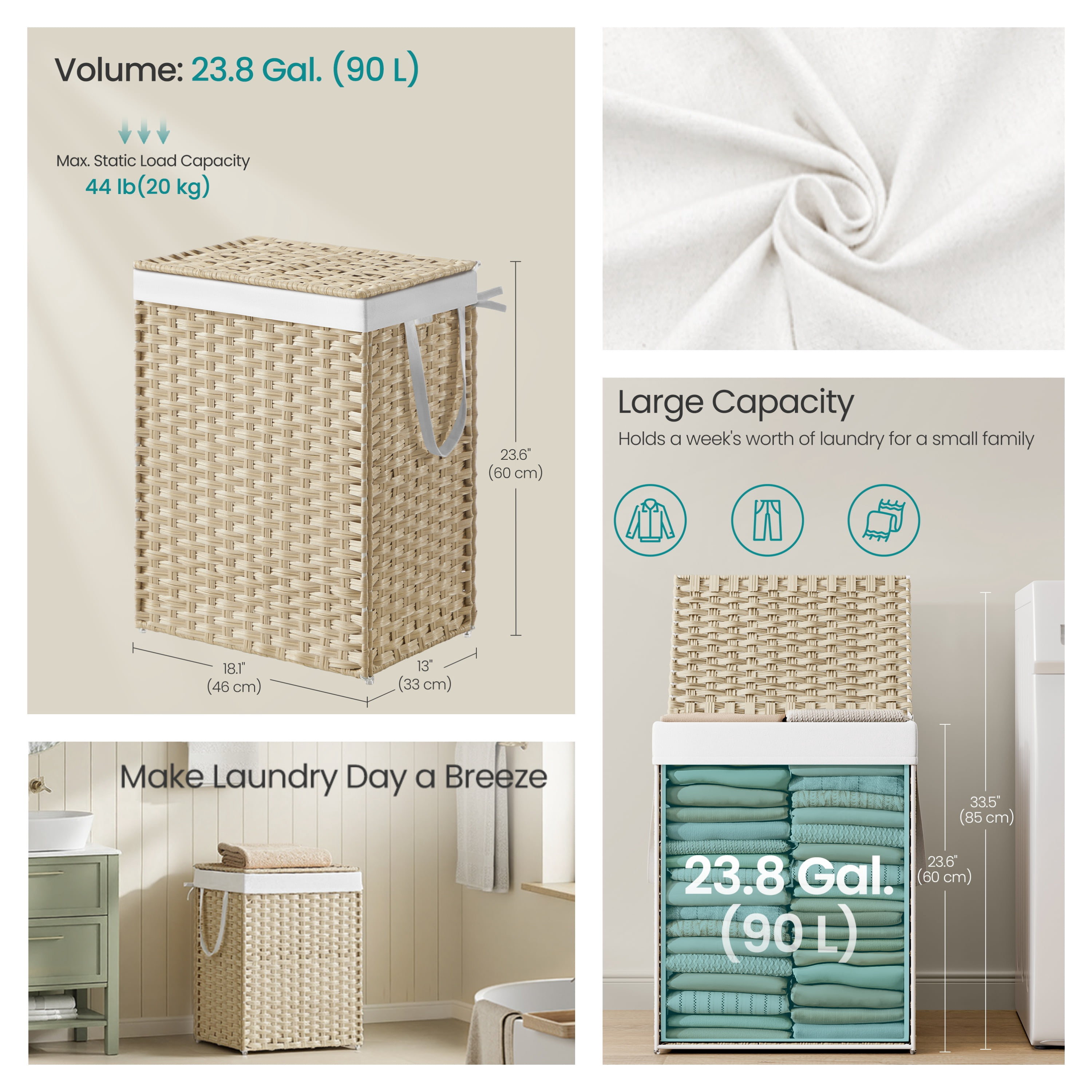 LEDREM Laundry Hamper with Lid, 23.8 Gallon Large Clothes Basket with Handles & Removable Liner, Synthetic Rattan with Metal Frame, Foldable & Ventilated, Summer Sand