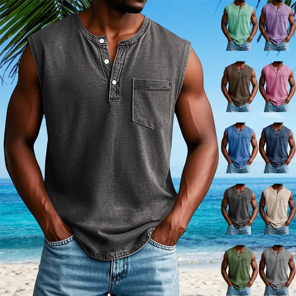 GrmtClth Shirts for Men Henley V Neck Sleeveless Tank Tops With Pocket Loose Fit Summer Workout Casual Shirts Black 3XL