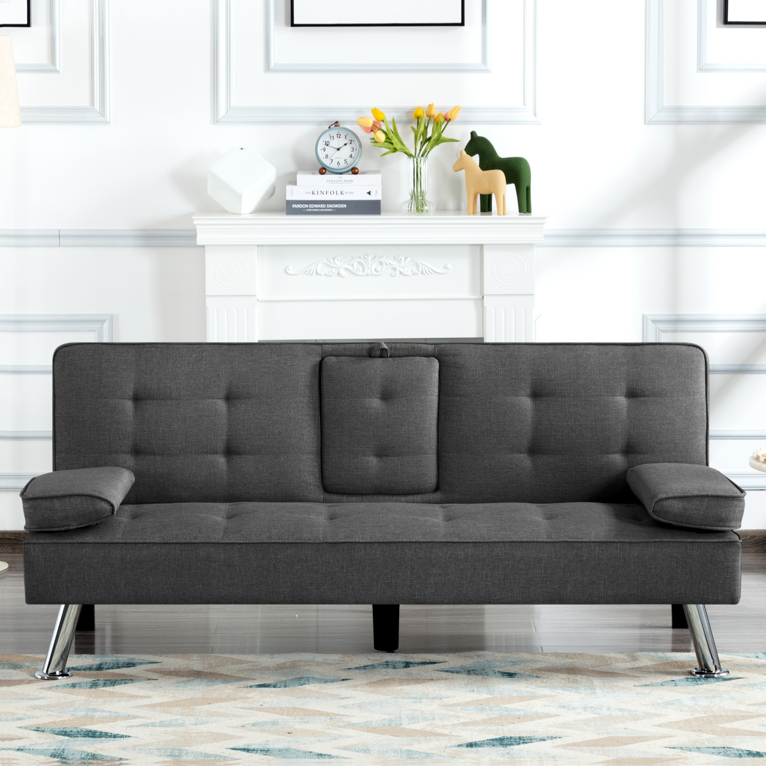Gewnee 65.35" Futon Sofa Bed Metal Frame 5 Adjustable Positions Cup Holders Storage Pocket Office Apartment Dark Grey