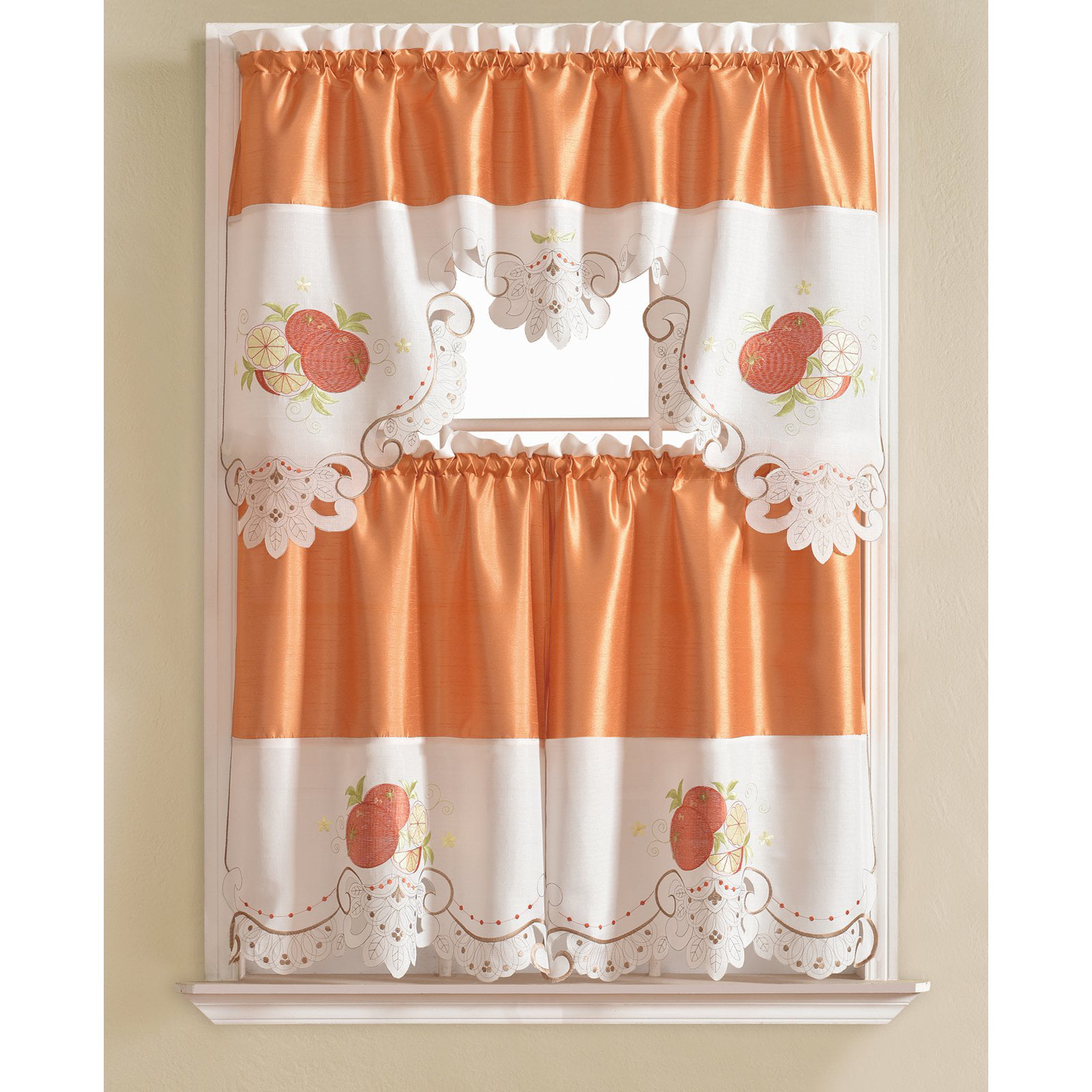 Noble Embroidered Orange Tier And Valance Kitchen Curtain Set Walmartcom Walmartcom