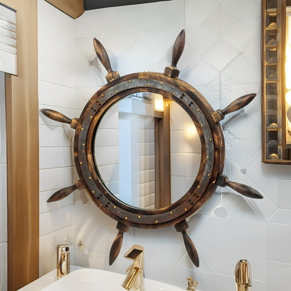 Nagina International Large Premium Antique Vintage Iron Rusted Mirror Ship Wheel | Premium Rustic Decor (12 Inches)