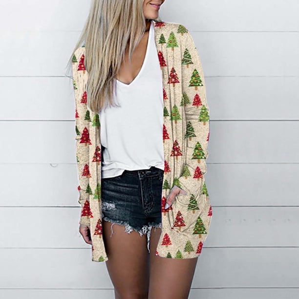 Pntutb moda mujer Navidad estampado suelto manga larga cárdigan otoño abrigo blusa Rollbacks Pntutb Pntutb-3022