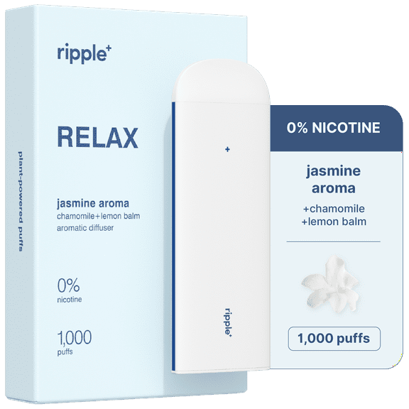 Ripple Jasmine Diffuser - 1,000 Puffs, 0% Nicotine, + Chamomile & Lemon Balm, 100% Recyclable