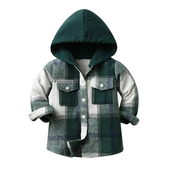 Odeerbi Toddler Boys Girls Hooded Plaid Shacket Jacket Kids Toddler Flannel Shirt 2025 Long Sleeve Plaid Jacket Baby Fall Shirt Coat Outwear Green 2-3 Years