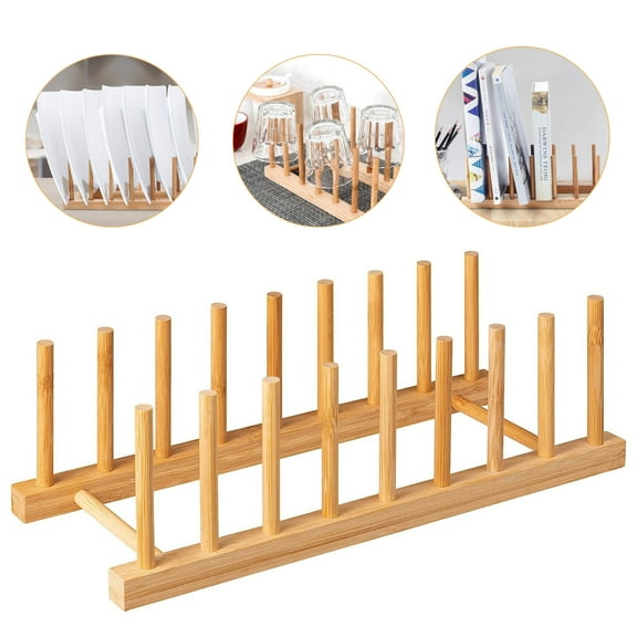 RUseeN Bamboo Dish Plate Bowl Cup Book Pot Lid Cutting Board Drying Rack Stand, Kitchen Cabinet Organizer for Cup, Bowl, Drying Rack and More(Keep Dry)