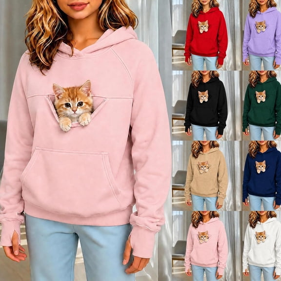 Pet Pouch Hoodies with Cat Bag for Kids Boys Girls Rich Pet Carrier Hoodie with Cat Pocket Thumbhole Casual Versatile Pullover Top 5-6 Years