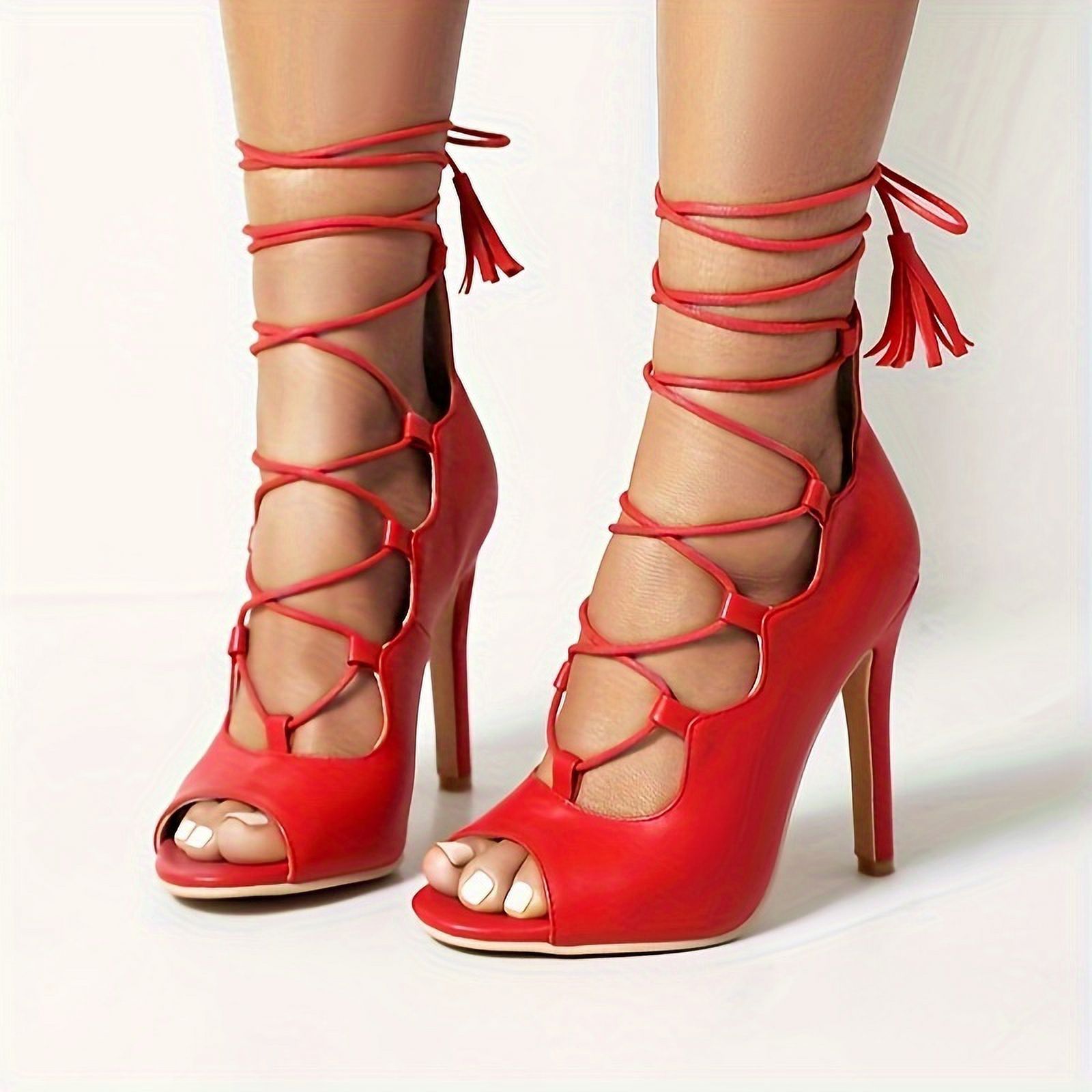 KINODAY Women Red Open Toe Lace Up High Heels Stiletto Heeled Ankle ...