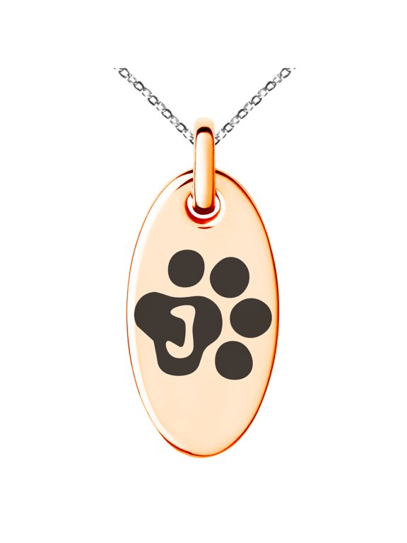 Stainless Steel Letter J Initial Cat Dog Paws Monogram Engraved Small Oval Charm Pendant Necklace