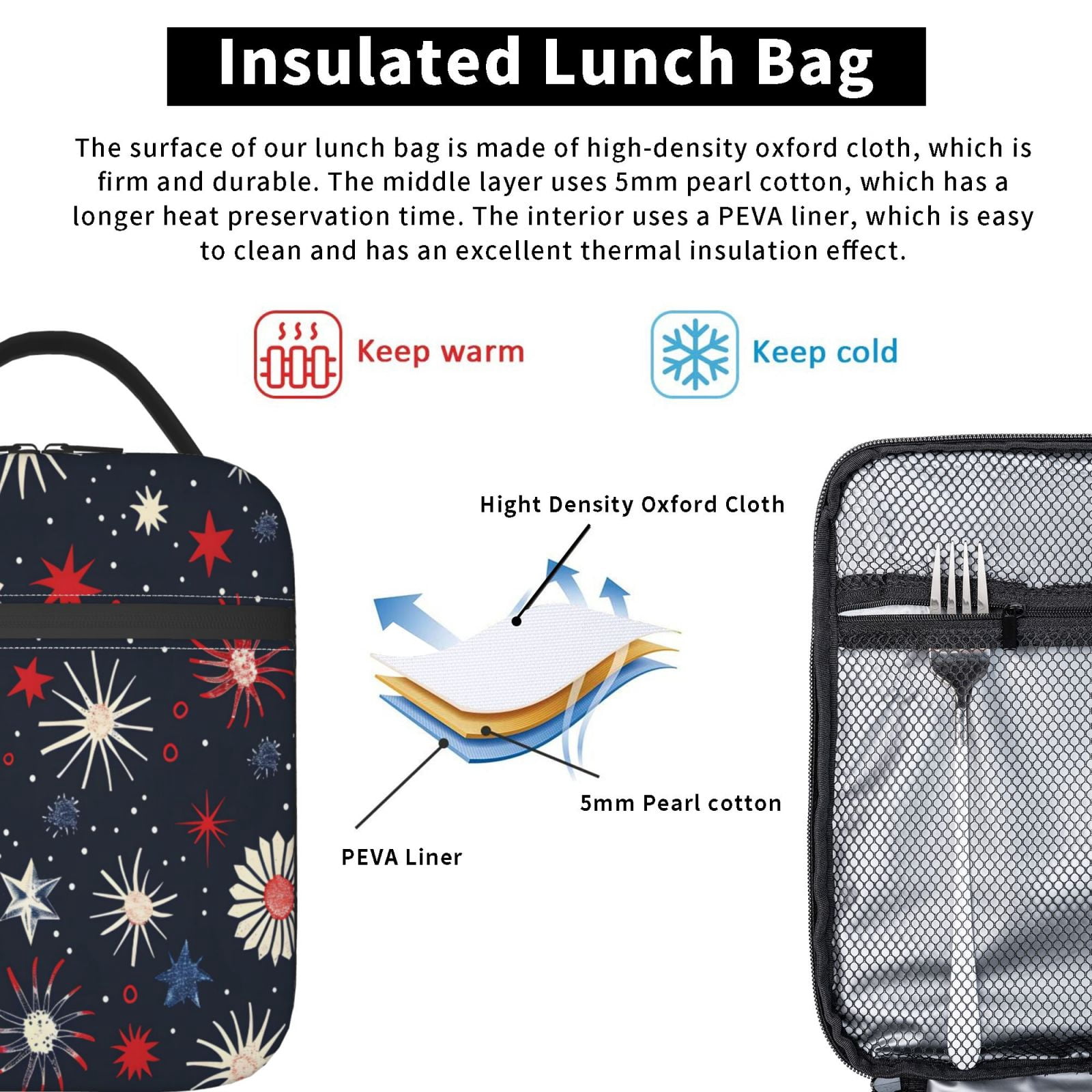 Lunch Bag For Women Men Insulated Portable Lunch Box Bento Box Office Picnic Travel Cooler Bag Independence Day Theme Star (7)