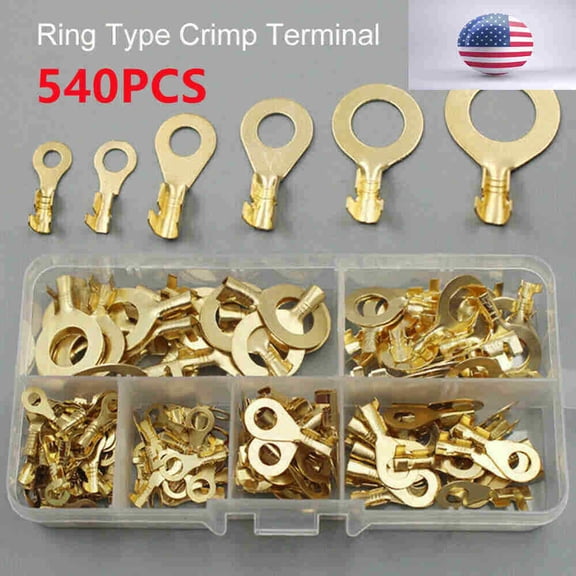 540Pcs Non-Insulated Brass Ring Crimp Terminals Wire Connectors Spade Electrical