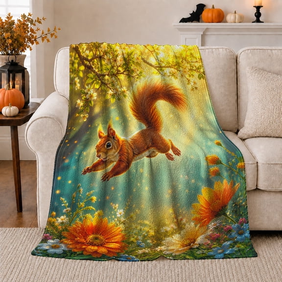 Red Squirrel in Sunlit Forest, Enchanted Woodland Style for Nature Lovers, Golden Flower Trail Motif and Birthday Gift, Cozy Flannel Blanket for Bedroom and Reading Nook, Home Decor