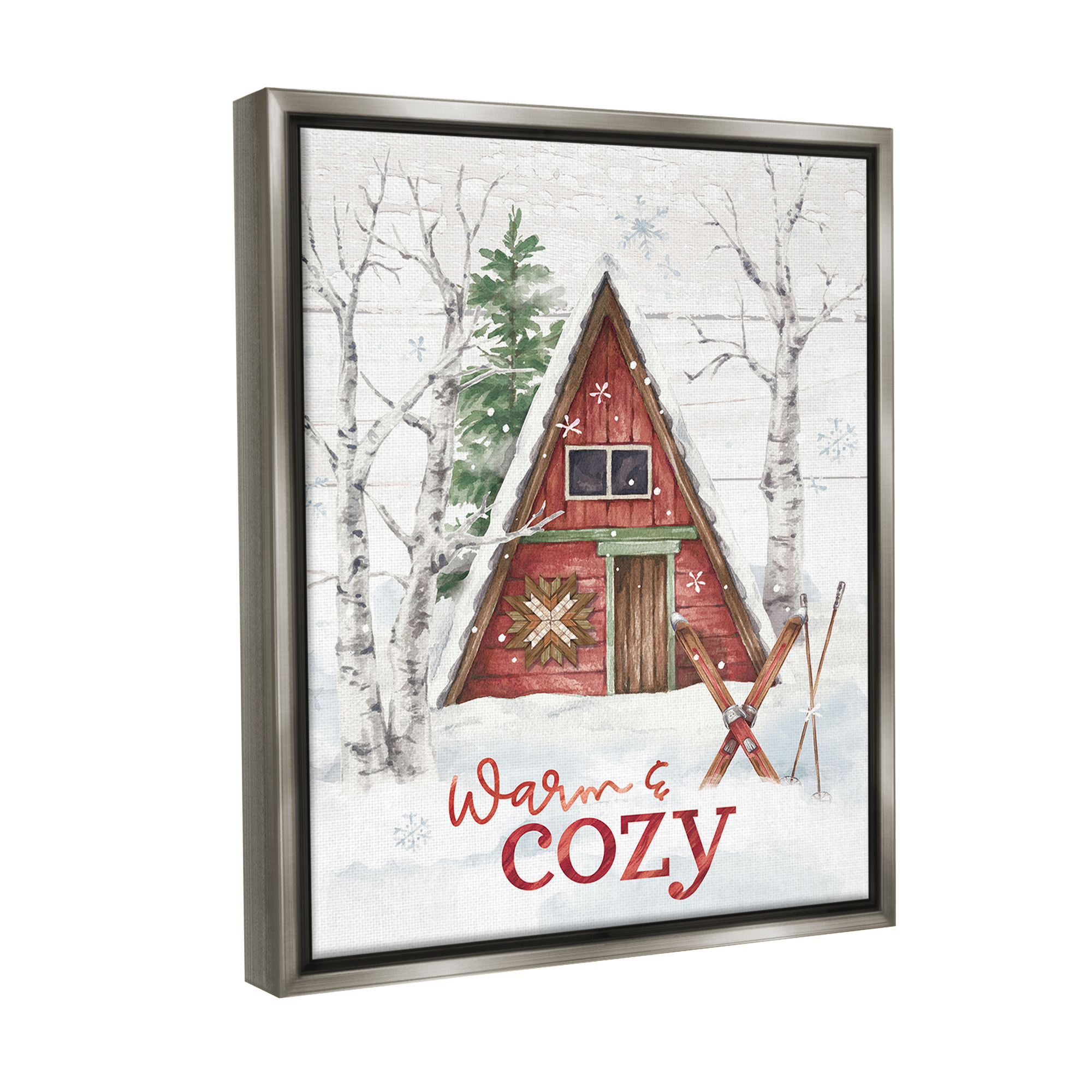 Stupell Industries Warm & Cozy Cabin Holiday Painting Gray Floater Framed Canvas Art Print Wall Art, 25 x 31