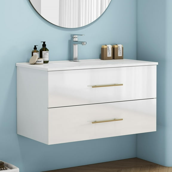 ENSHUI 36" Floating Bathroom Vanity with Sink, 36 inch Modern Wall Mounted Bathroom Vanity with Large Storage Space, Soft-Close Drawers, Easy Assembly, White