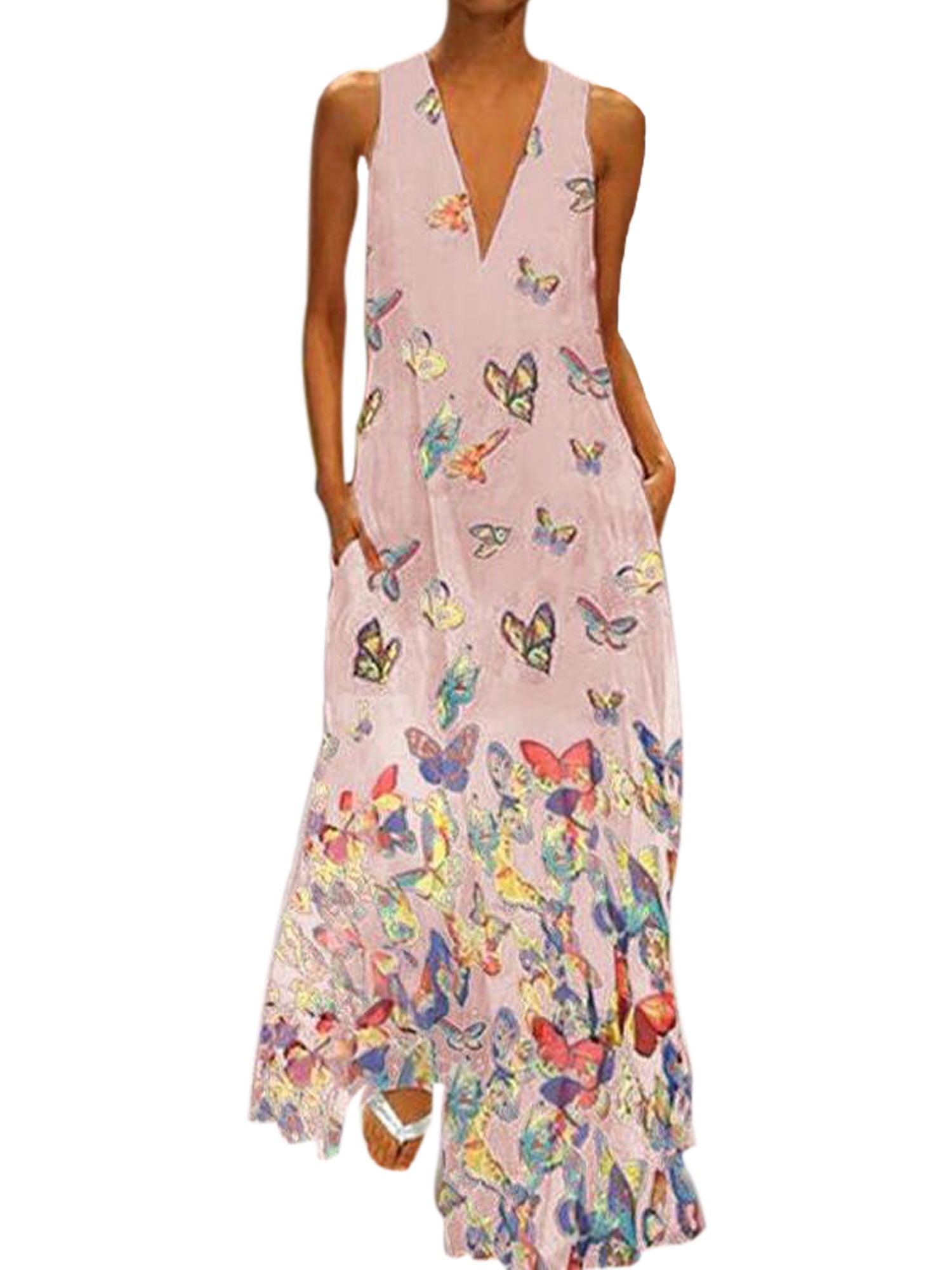 Dress for Women Maxi Dress Stripe Butterfly Printed Robe Summer Casual Sleeveless V-Neck Vintage Pockets Daily Tall Sundress