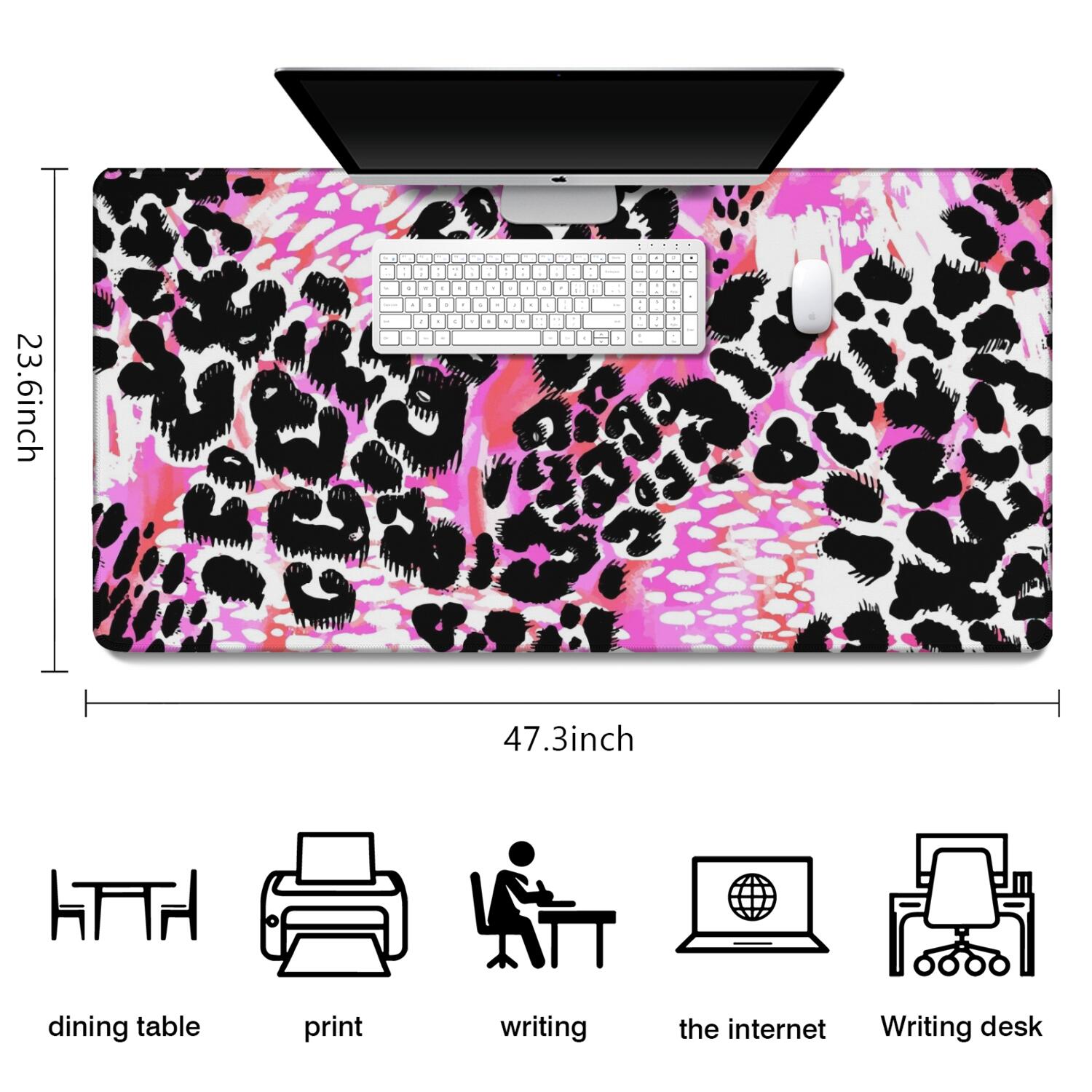 Long Mouse Pads for Desk,Pink Leopard Pattern Desk Mats on Top Of Desks, Desk Mouse Pad Extra Large with 3mm Non-Slip Base and Stitched Edge for Gaming,Office,Work,Home 47.3"x23.6"