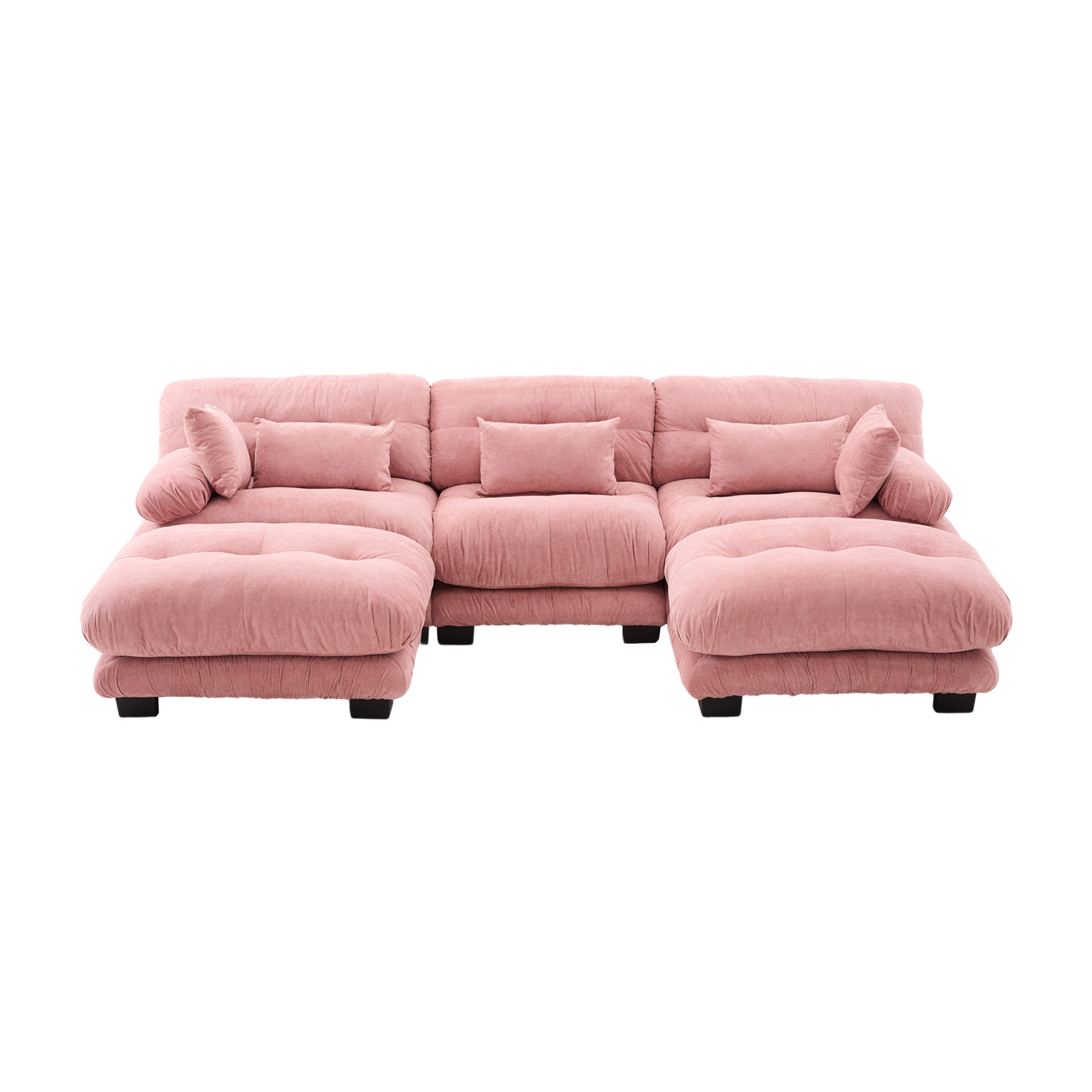 Noble House 3-Seater U-Shape Cloud Couch, Pelletized Velvet Sectional Sofa with Ottomans, Bolster Armrests, Pink