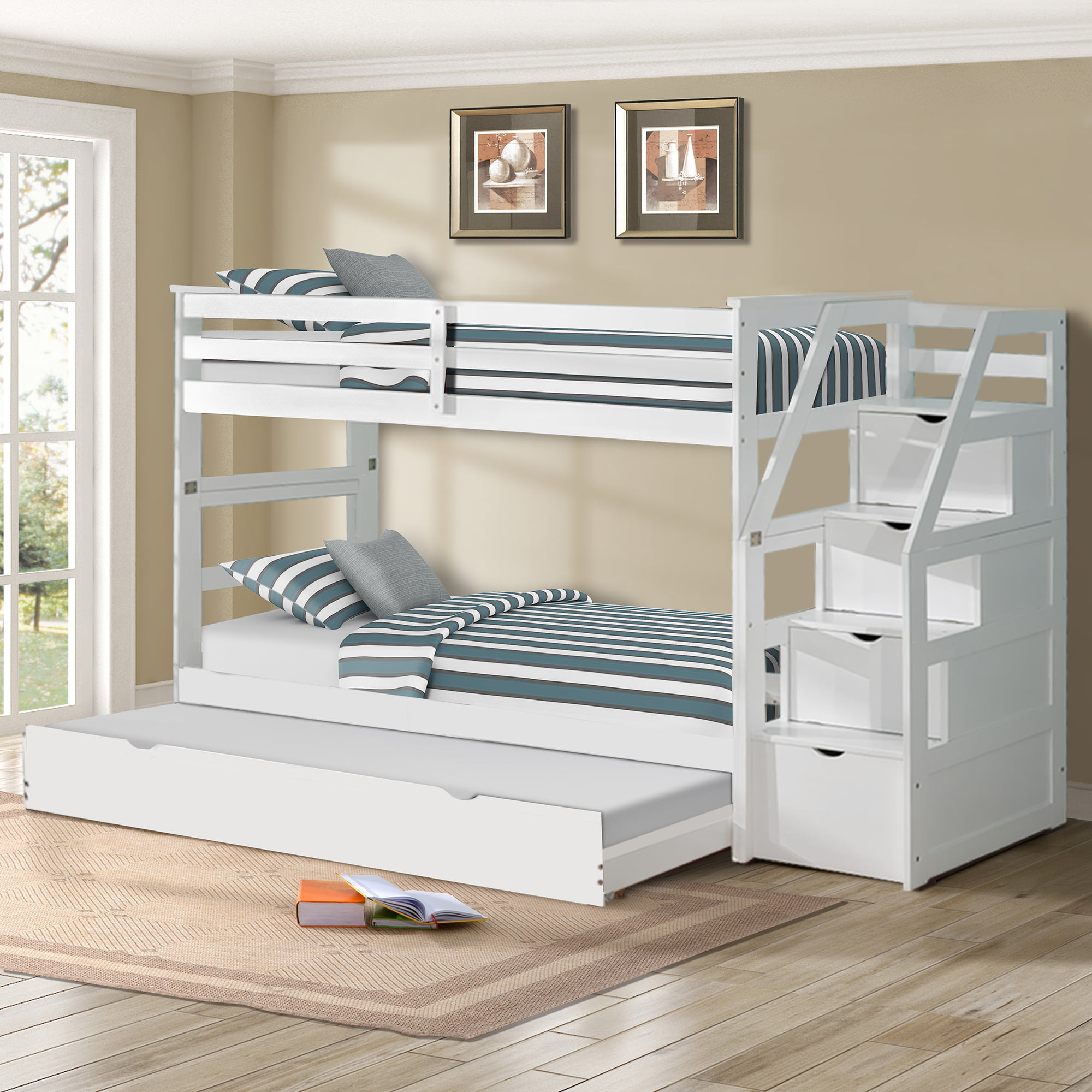 TKOOFN TwinOverTwin Trundle Bunk Bed with 4 Storage Drawers