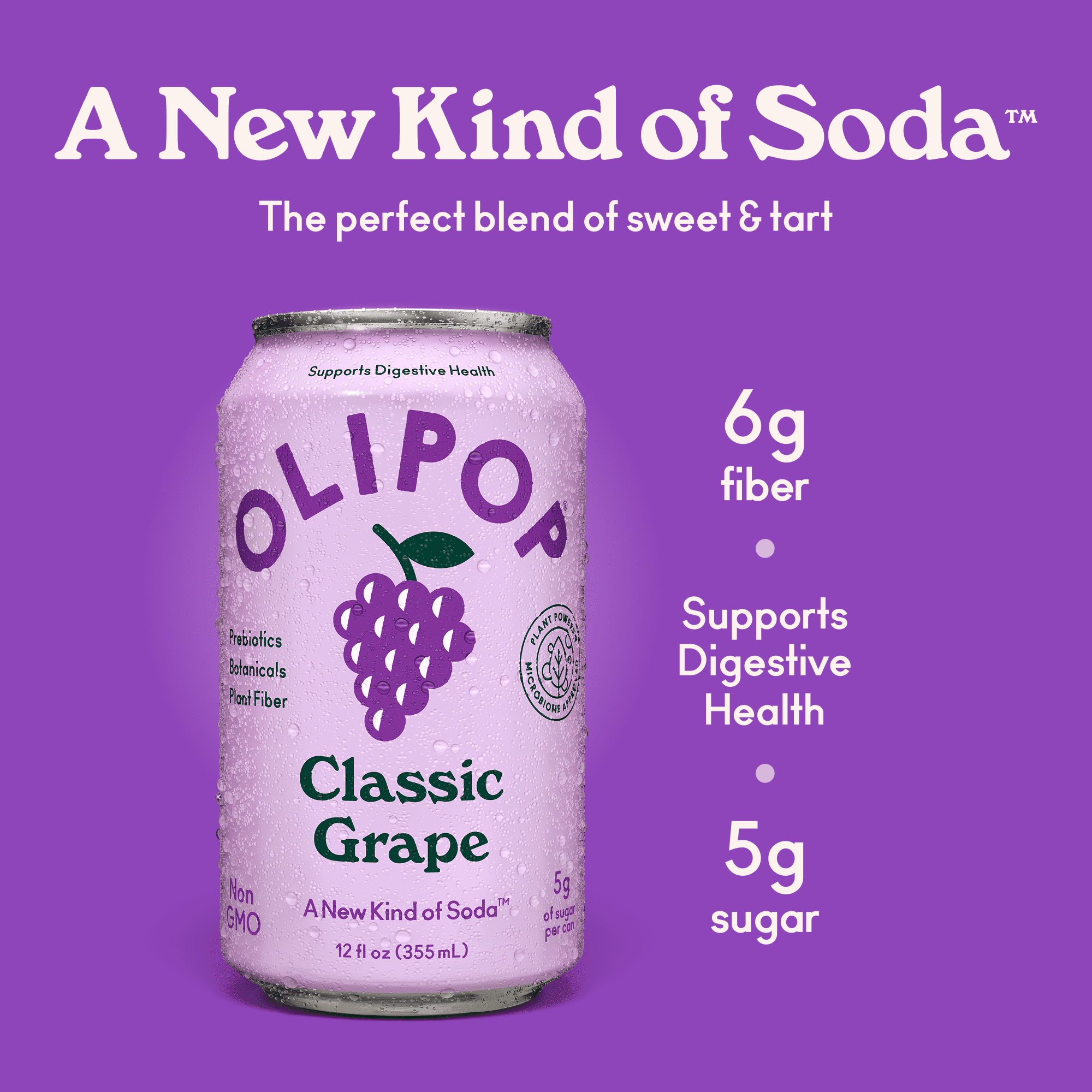 (6 pack) OLIPOP Prebiotic Soda, Classic Grape, 12 fl oz, 4 Pack, Pantry Packs (24 Total Cans)