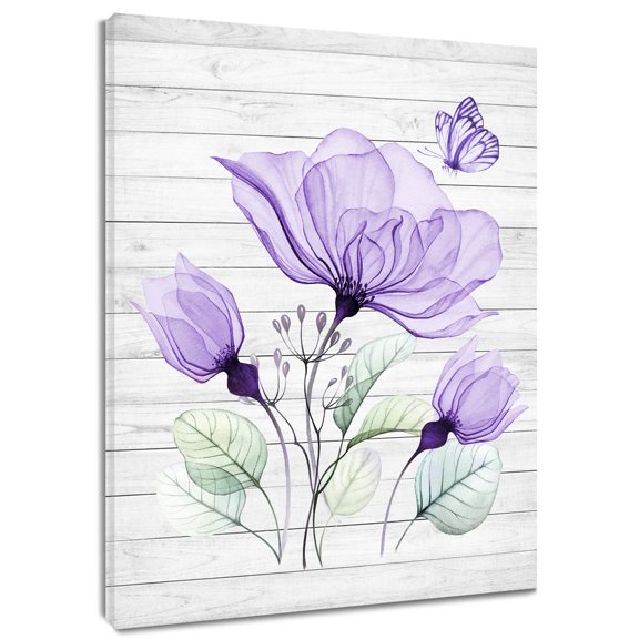 HVEST Purple Flower Wall Art Watercolor Floral Butterfly Plant Canvas Wall Art Modern Minimalist Framed Wall Decor for Living Room Bedroom Home, 8 X 10 inches