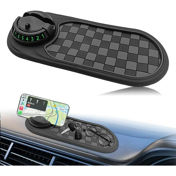 Multifunction Car Anti-Slip Mat，2026 New Universal Dashboard Mat with Rotating Car Phone Holder, Temporary Parking Number Plate, and Storage for Small Items like Phones and Keys