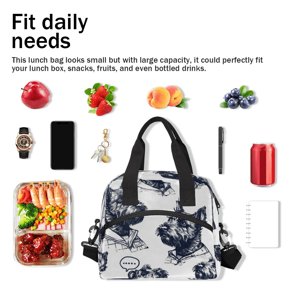 Herdesigns Cool Dogs Scottish Terrier Insulated Lunch Bag for Women Men Adults Large Reusable Lunch Box Leakproof Portable Cooler Tote Bags with Adjustable Shoulder Strap