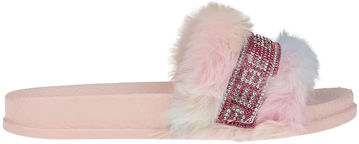 bebe Faux Fur Flat Slide Sandals, Blush (Big Girls') - Walmart.com