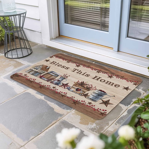 Farmhouse Door Mat Indoor Outdoor, Brown Country Star Berry Vintage Wood Grain Non Slip Welcome Mat with Rubber Backing, Absorbent Fabric Front Door Mats Entryway Rug for Home Patio Entrance 16"x24"